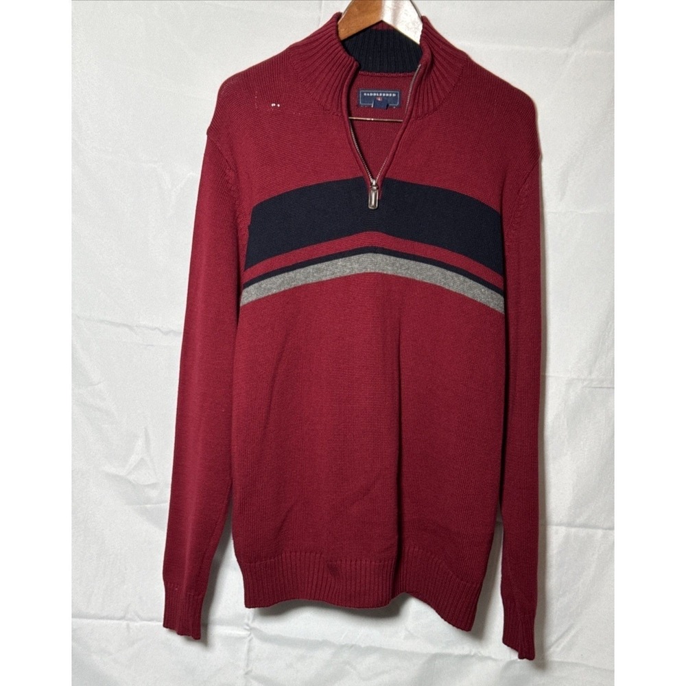 Saddlebred Mens Quarter Zip Sweater Burgundy Red Navy Stripe Knit Pullover M